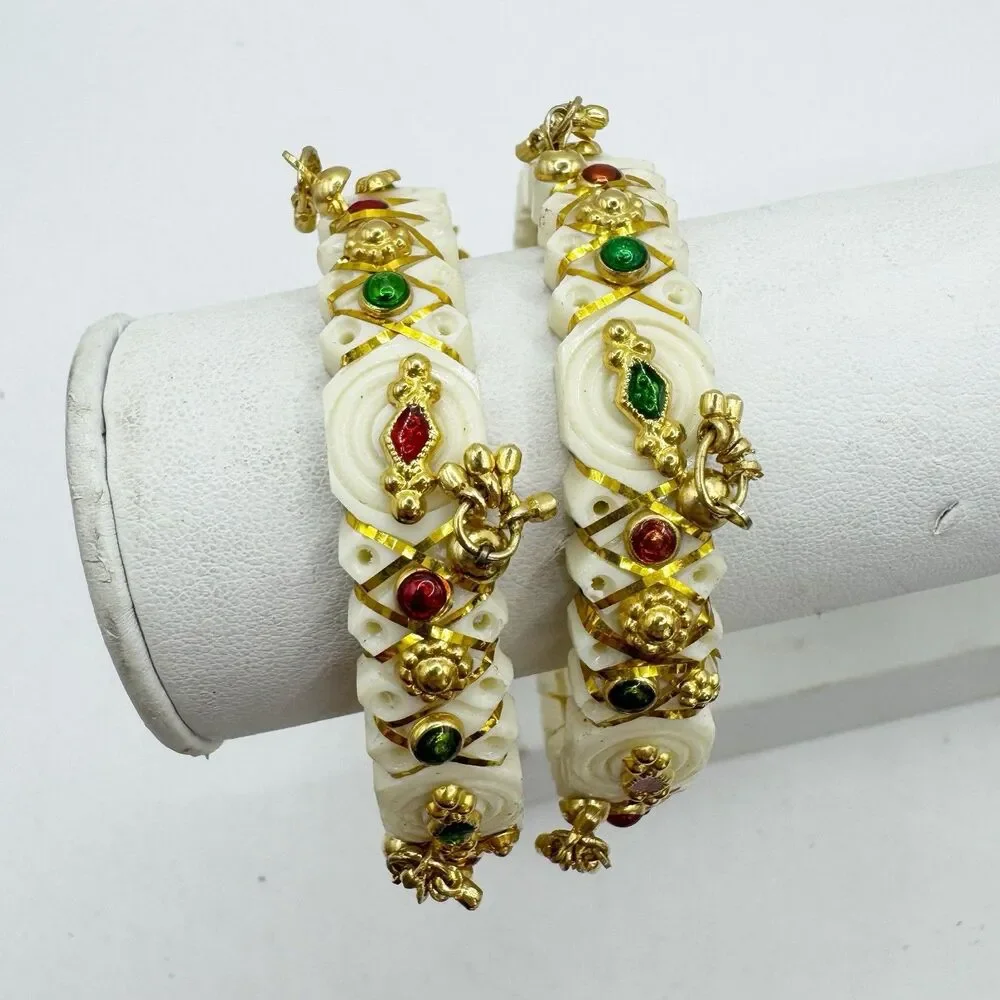 Traditional Indian Bridal Bangle Bracelets White Gold  Colorful Accents Set If 2